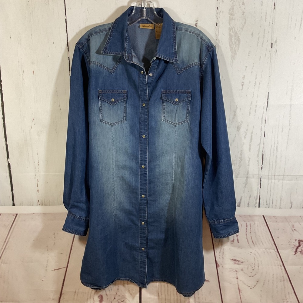 Wrangler Womens Y2K Western Denim Shirt Dress XL Pearl Snap Belt Vintage Cowgirl